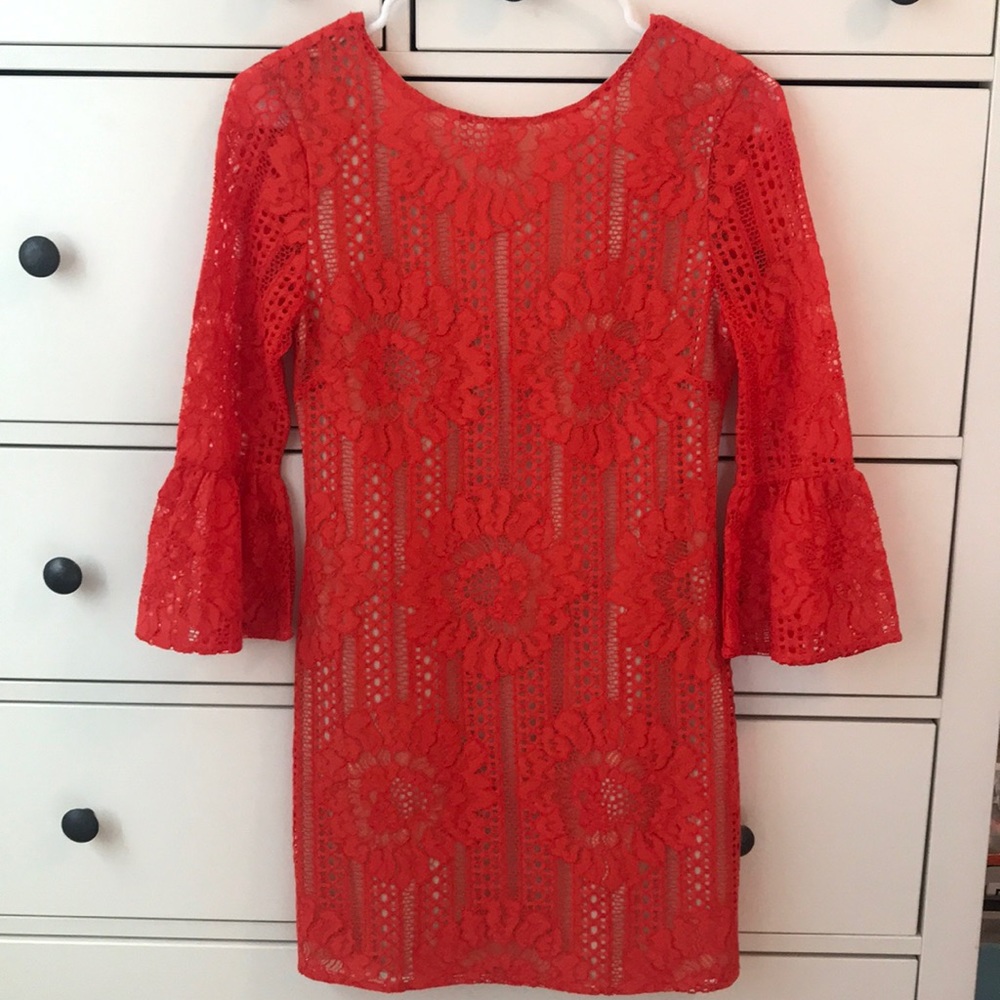 Vibrant Red-Orange Spring Lace Dress! - Picture 1 of 7